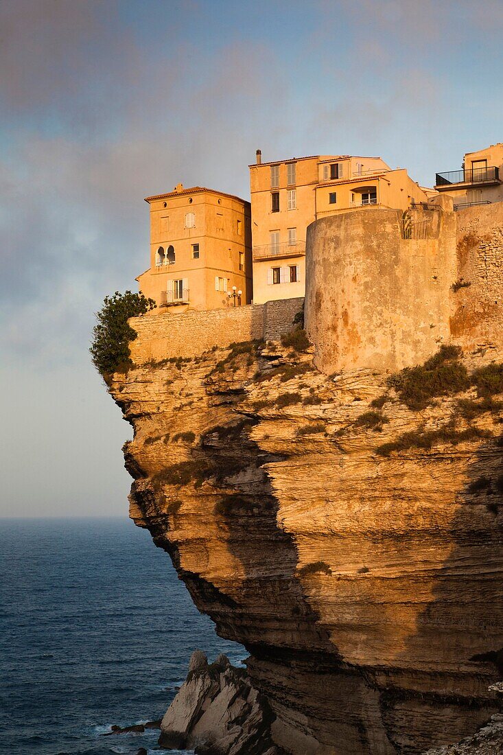 France, Corsica, Corse-du-Sud Department, Corsica South Coast Region, Bonifacio, cliffside houses, dawn