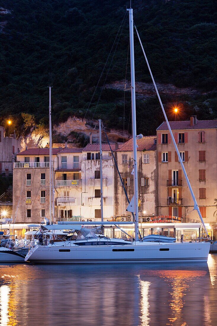 France, Corsica, Corse-du-Sud Department, Corsica South Coast Region, Bonifacio, port, dusk
