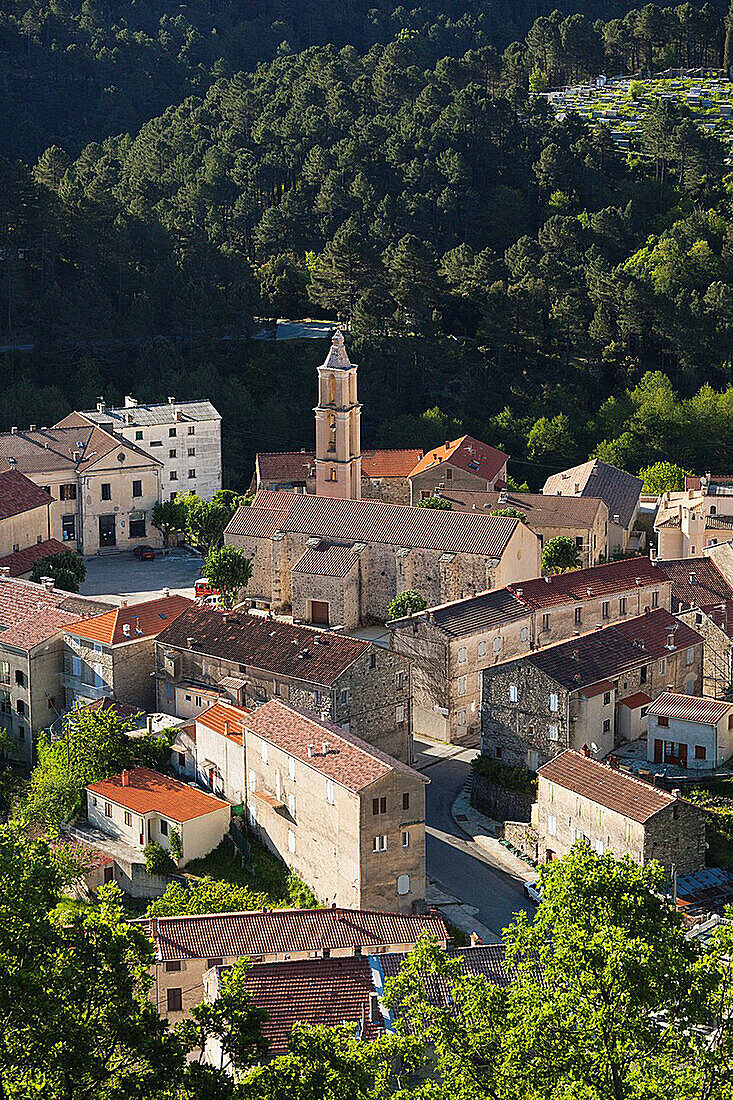 France, Corsica, Haute-Corse Department, Central Mountains Region, Ghisoni, elevated town view