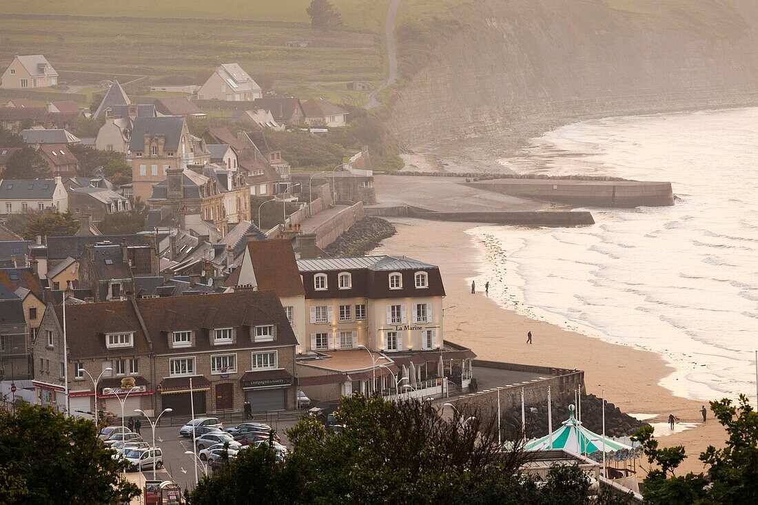 France, Normandy Region, Calvados Department, D-Day Beaches Area, Arromanches les Bains, elevated town view, dusk