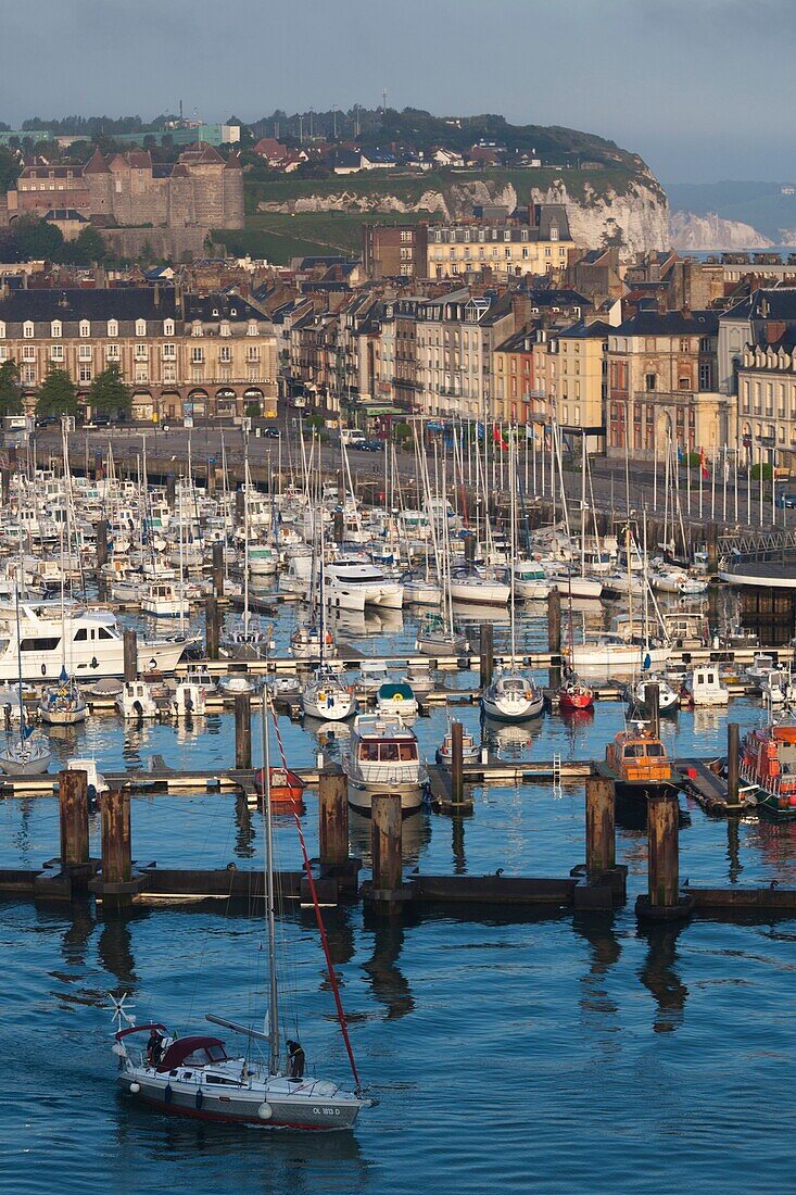 France, Normandy Region, Seine-Maritime Department, Dieppe, elevated view of the Port de Plaissance harbor, dawn