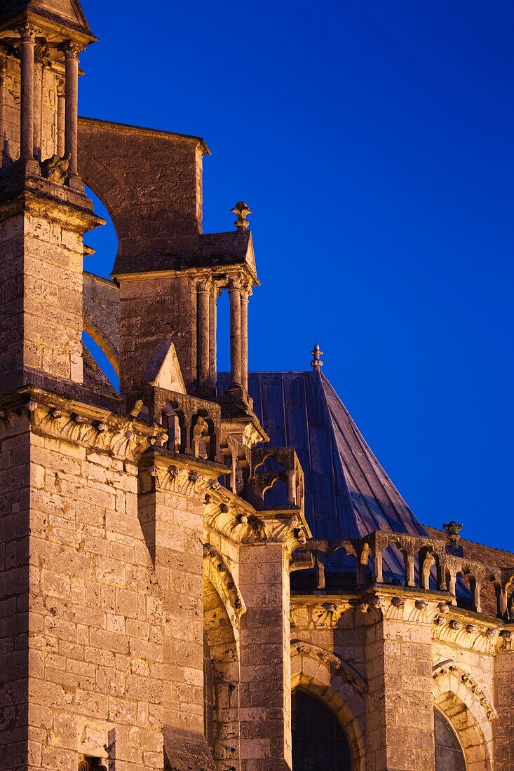 France, Centre Region, Eure et Loir Department, Chartres, Chartres Cathedral, exterior detail, dawn