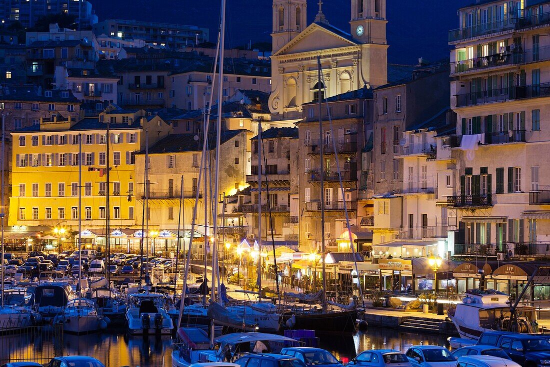 France, Corsica, Haute-Corse Department, Le Cap Corse, Bastia, Old Port, dusk