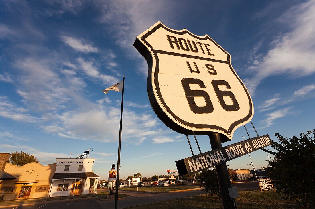 USA, Oklahoma, Elk City, National Route 66 Museum, sign, sunset