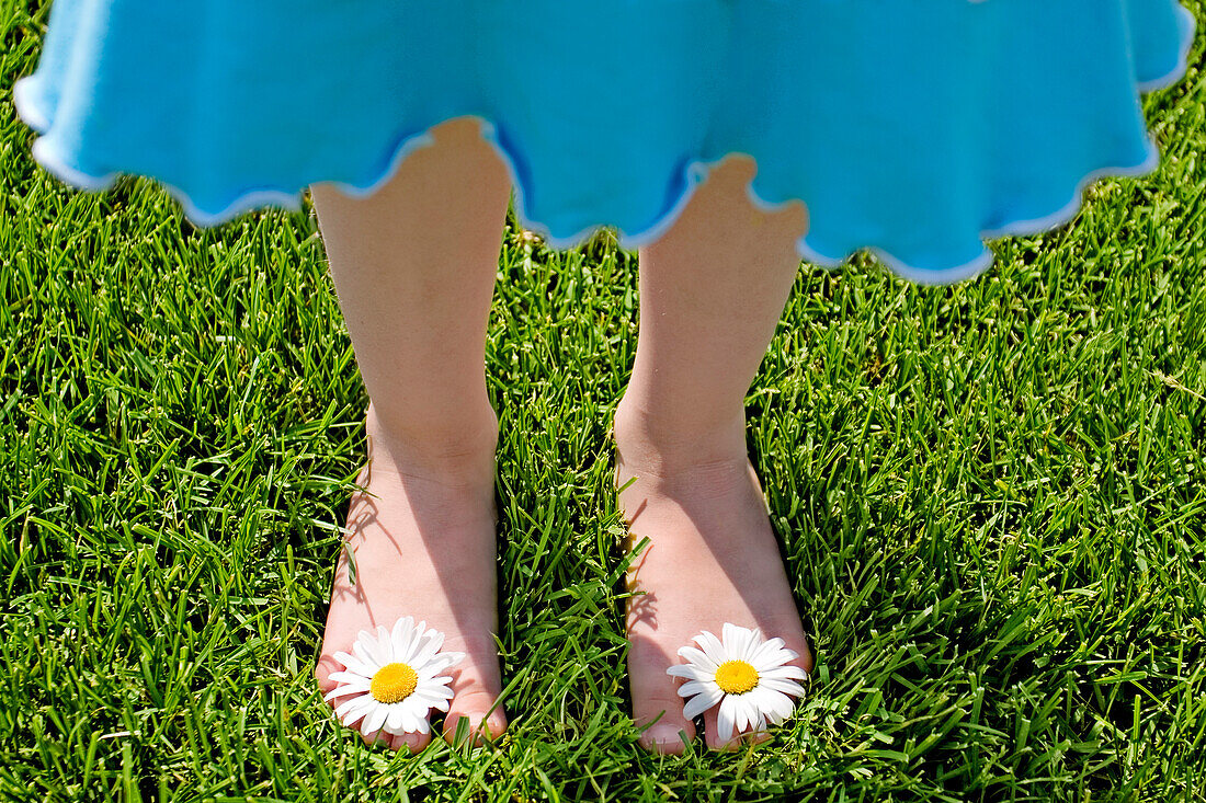 Close-up of young girl standing on lawn with daisies between toes.