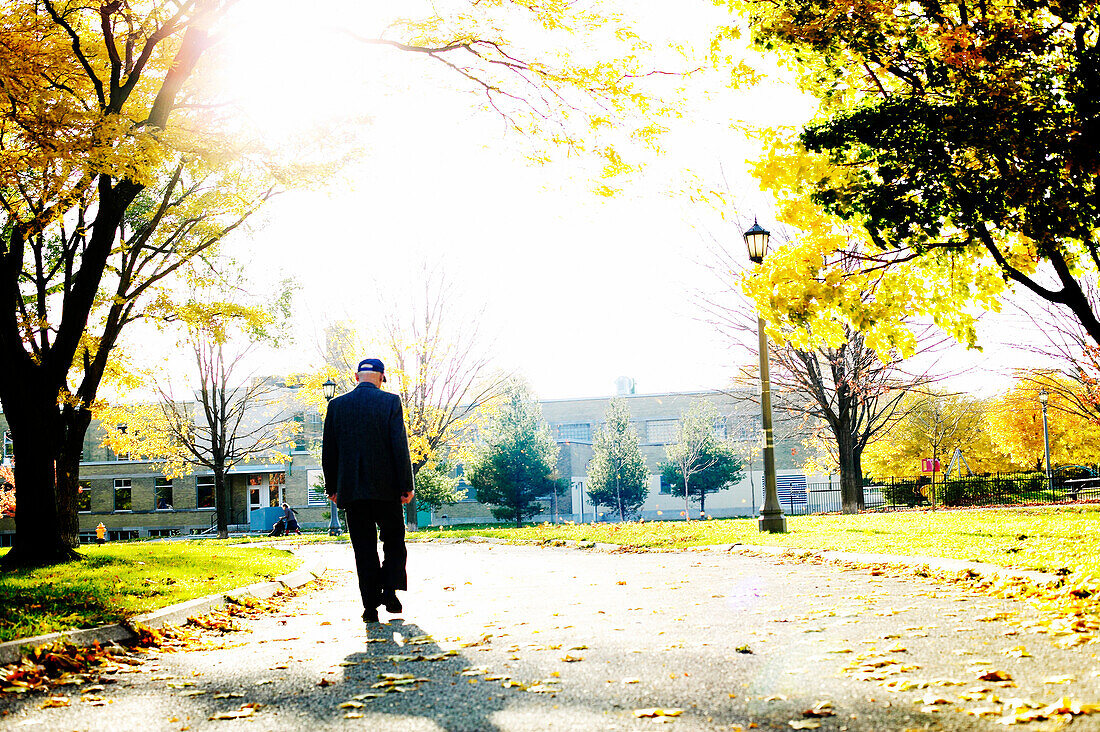 Man Walking along Path in Autumn, Toronto, Ontario