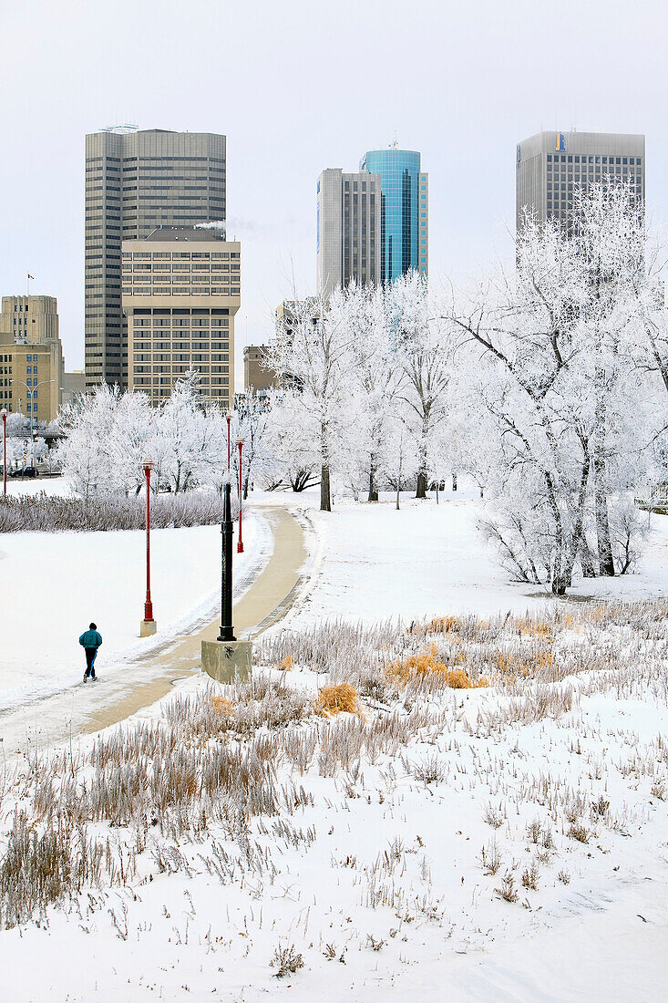 Downtown skyline and man jogging on winter day, Winnipeg, Manitoba