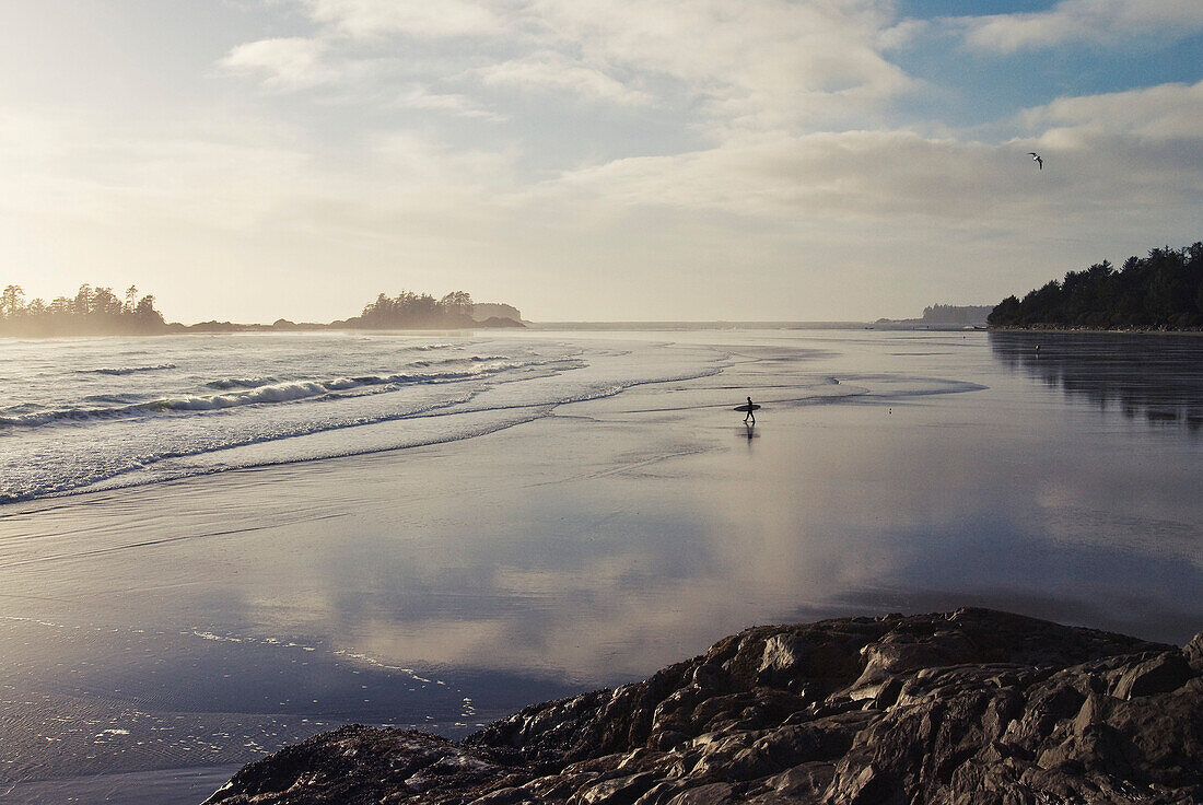 Surfer with Board Heading to Waves at Sunset, Chesterman Beach, West coast of Vancouver Island, British Columbia