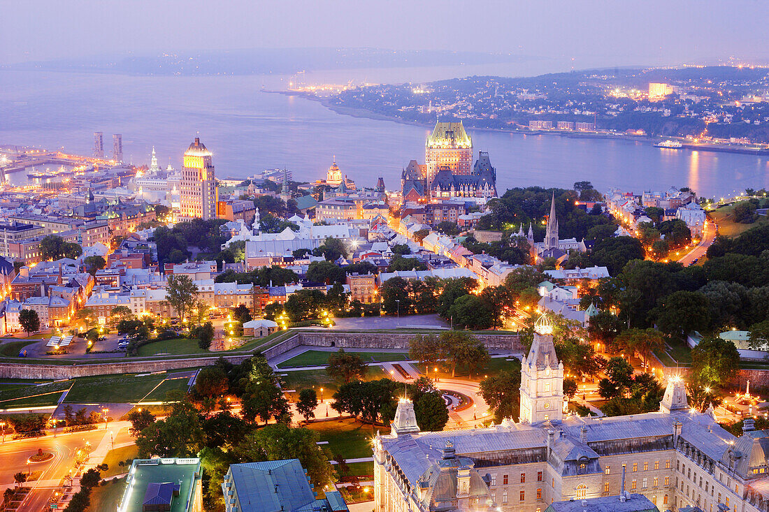 Aerial View of Chateau Frontenac, Surrounding Rooftops and St. Lawrence River at Twilight, Quebec City, Quebec