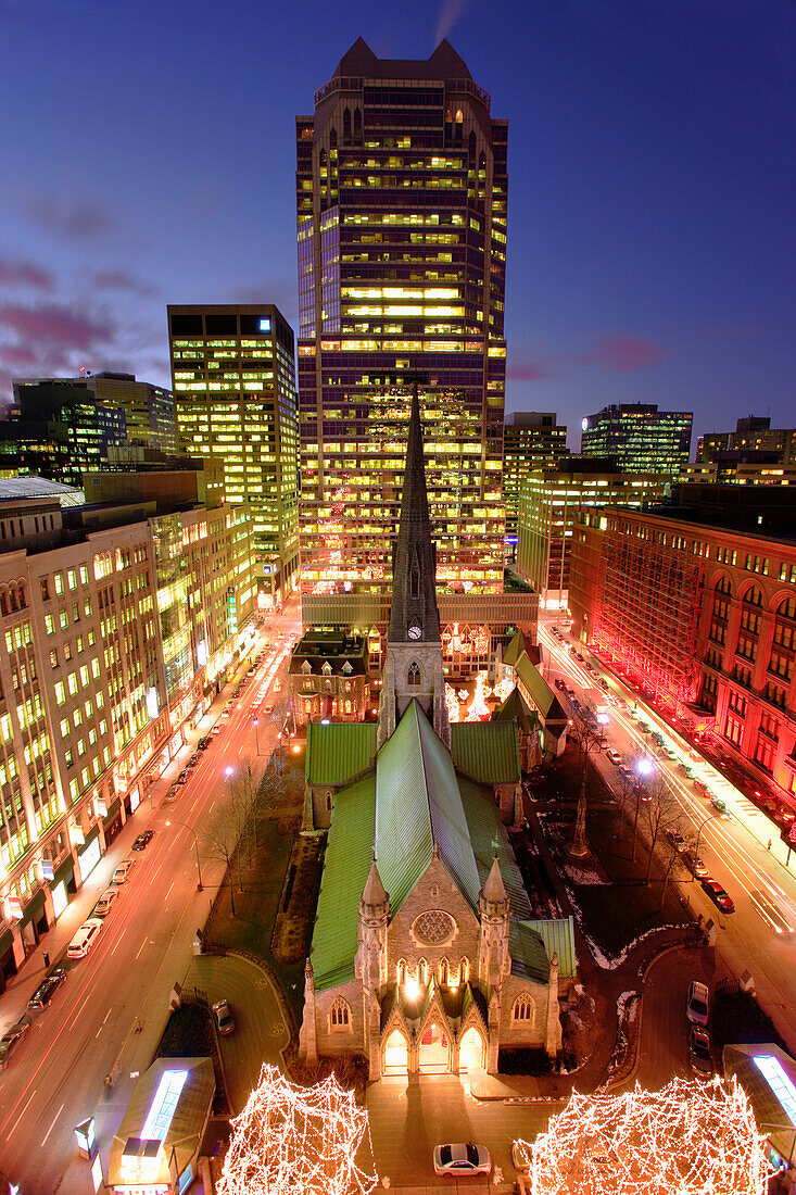 Christ Church Cathedral and Skyscraper at Twilight, Montreal, Quebec