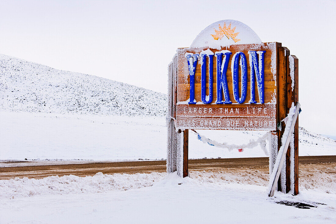 A Yukon welcome sign on the border with the Northwest and Dempster Highway, Yukon