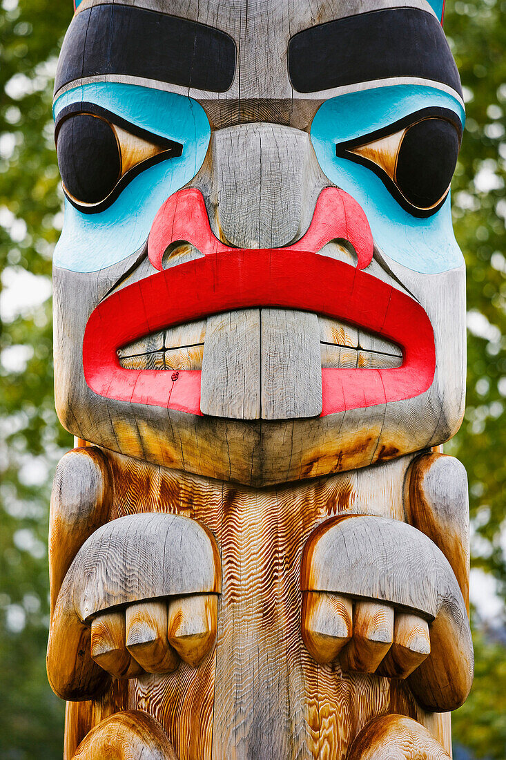 Close up of a totem pole, Teslin Tlingit Heritage Centre, Teslin, Yukon