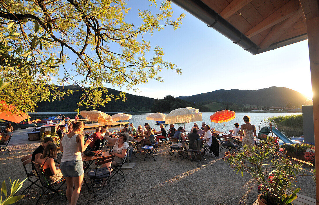 View to Schliersee and lake Schliersee in the evening light, Bavaria, Germany