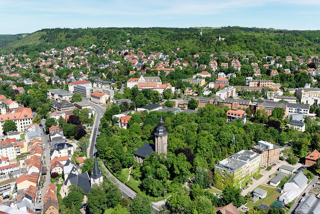 View from Jentower, Johannes Church and Friedenskirche, Jena, Thuringia, Germany
