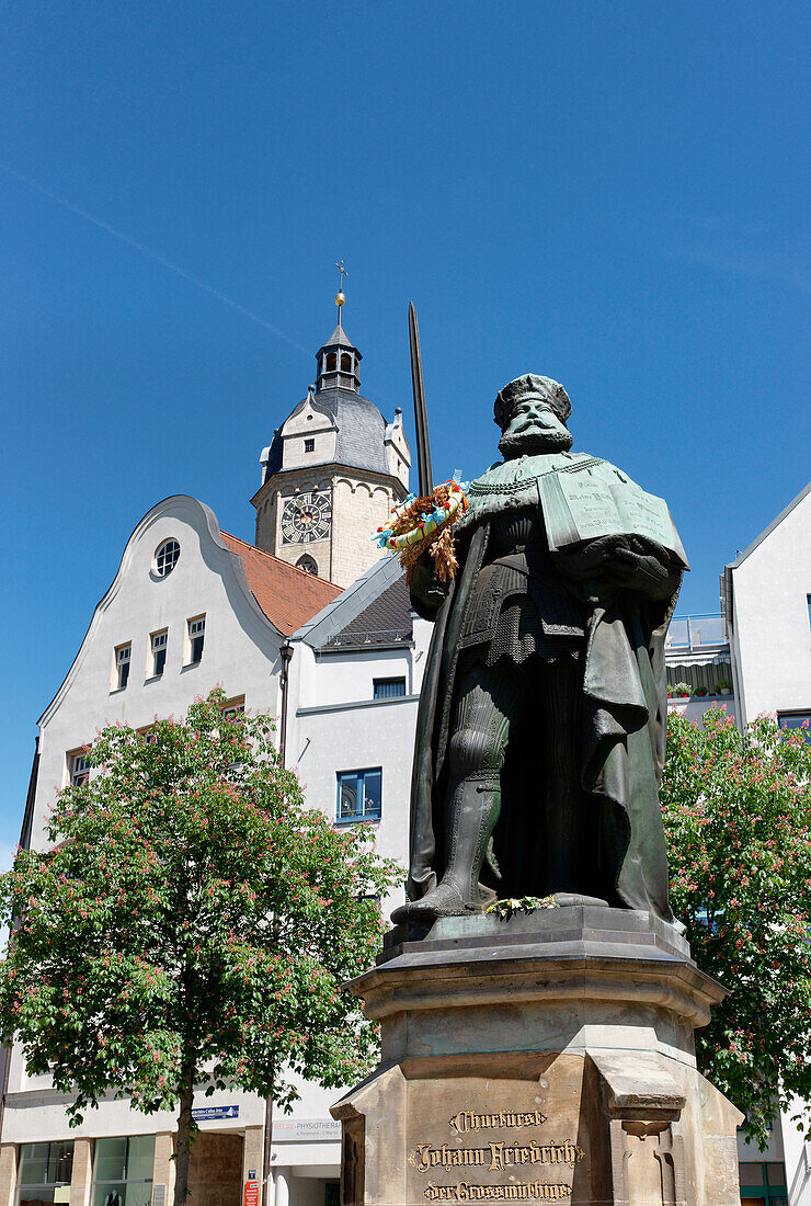 Hanfried, Bronzestandbild des Kurfürsten Johann Friedrich der Großmütige, Marktplatz, Jena, Thüringen, Deutschland