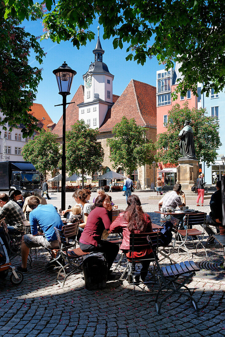 Cafe and City Hall on the market square, Jena, Thuringia, Germany
