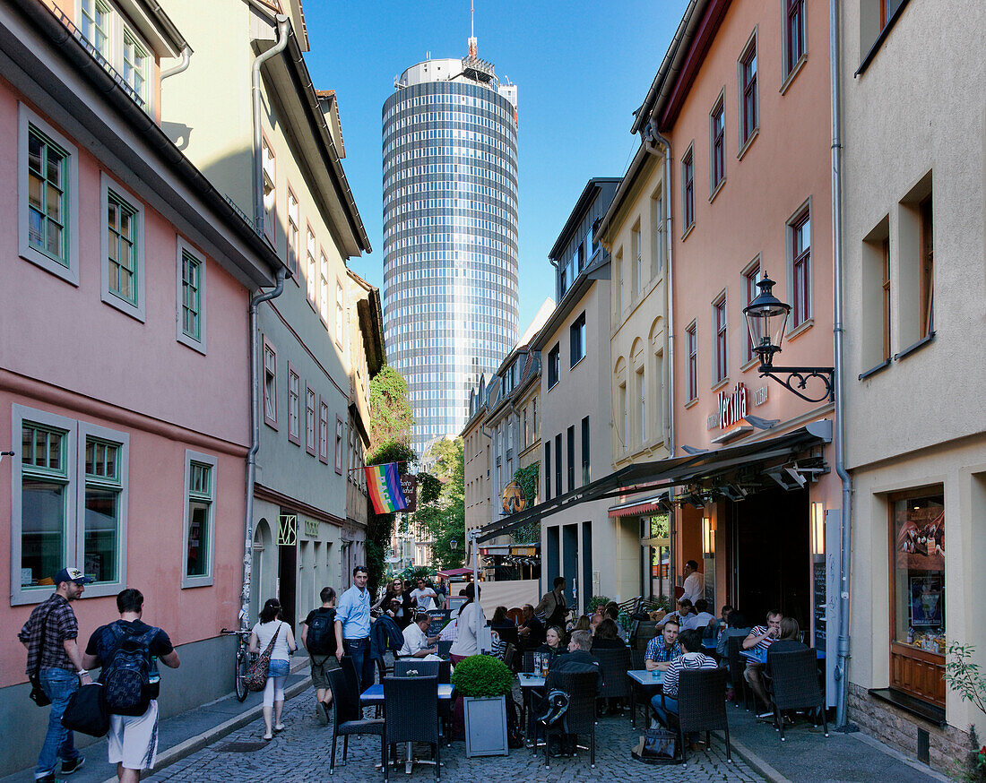 Cafe in the Wagnergasse, Jentower in the background, Jena, Thuringia, Germany