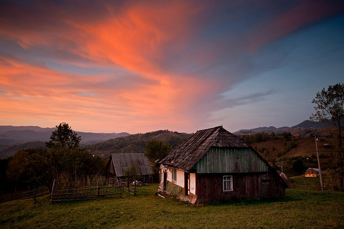 Old farmers house before sunrise, Magura, Transylvania, Romania