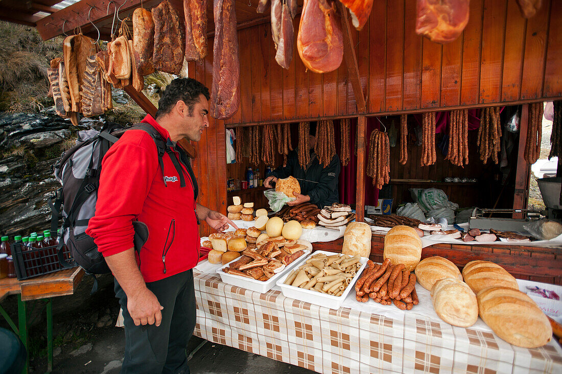 Small shop selling bread and sausage, The Transfagarasan in the Fagaras Mountains, Transylvania, Romania