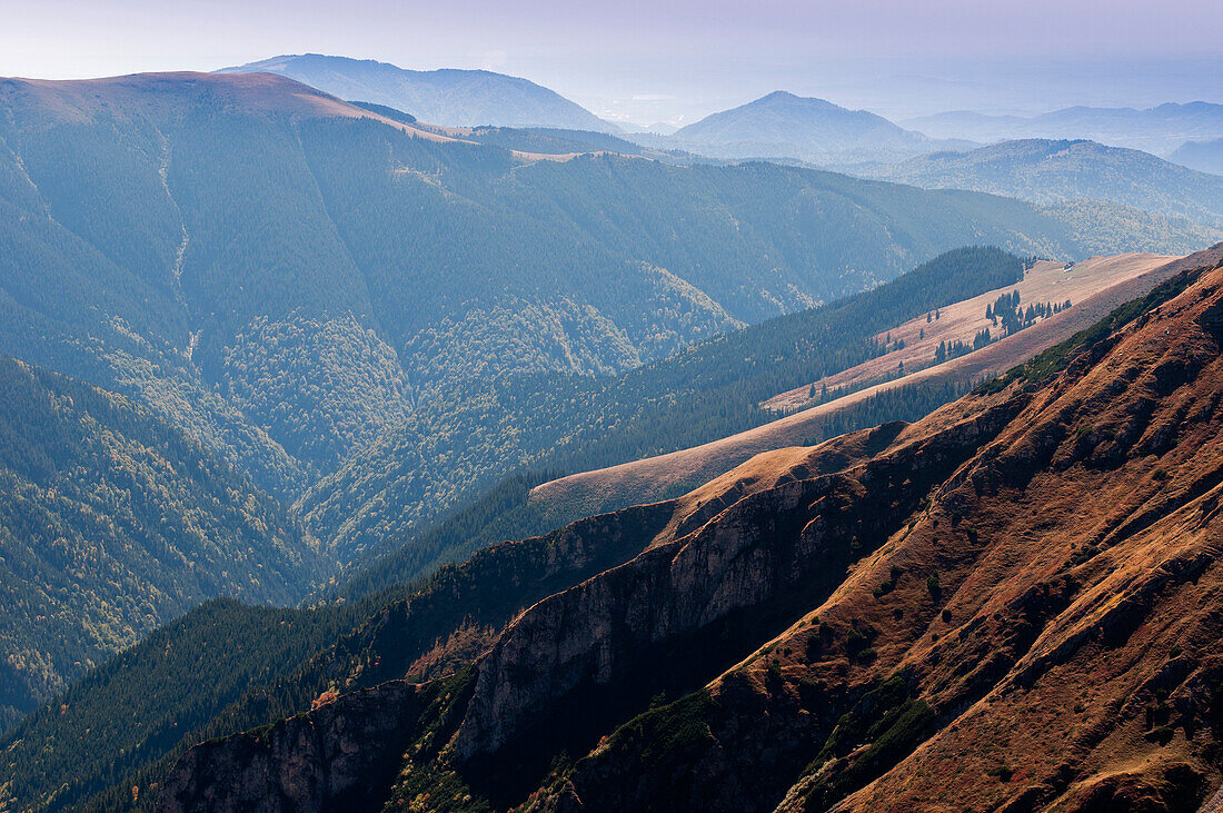 Panoramic view from track on the way to Cabana Podragu in the Fagaras Mountains, Transylvania, Romania