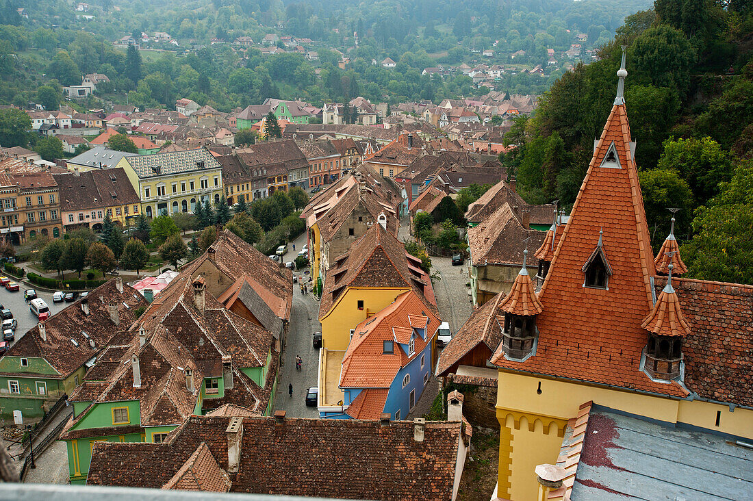 View from clock tower in the historic centre, Sighisoara, Transylvania, Romania