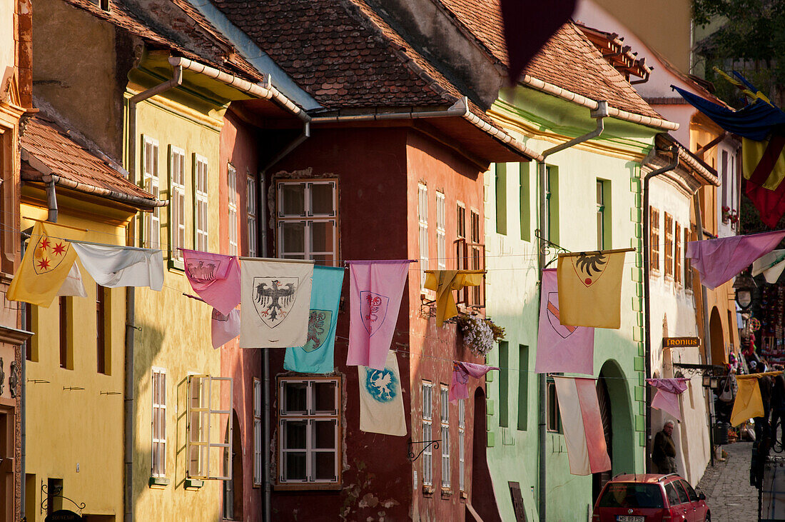 Colourful houses in the historic centre, Sighisoara, Transylvania, Romania