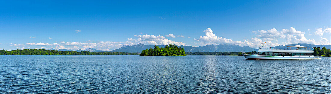Excursion boat on lake Staffelsee, Muhlworth island in background, Uffing, Upper Bavaria, Bavaria, Germany