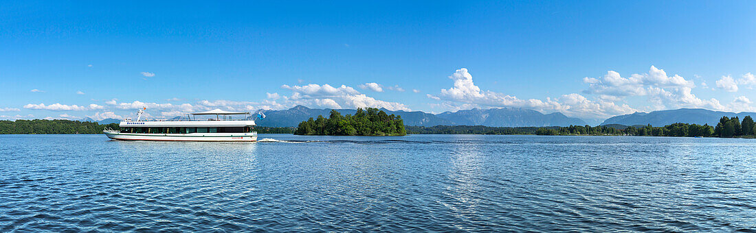 Excursion boat on lake Staffelsee, Muhlworth island in background, Uffing, Upper Bavaria, Bavaria, Germany