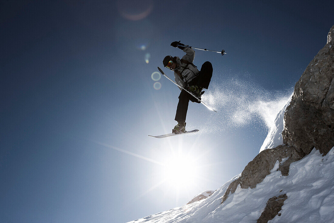Skier jumping, Marmolata, Trentino, Italy