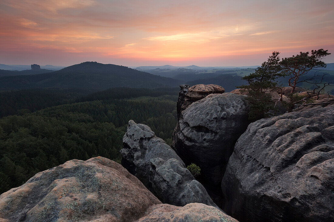 Falkenstein and Hohe Liebe in sunset, Affensteine in foreground, Saxon Switzerland National Park, Saxony, Germany