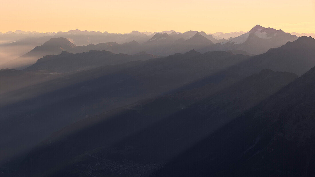 View over Matter Valley in the morning, Barrhorn, Pennine Alps, Canton of Valais, Switzerland