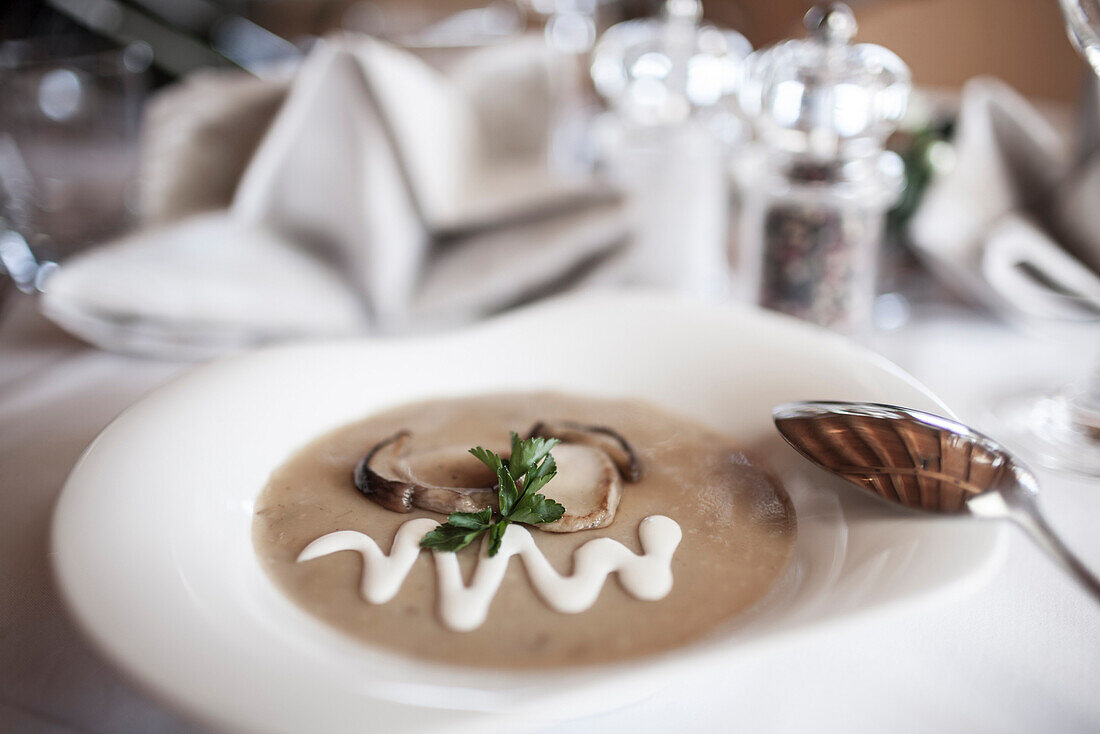 Boletus soup, restaurant Piz Scalottas, Lenzerheide, Scharans, Canton of Graubuenden, Switzerland