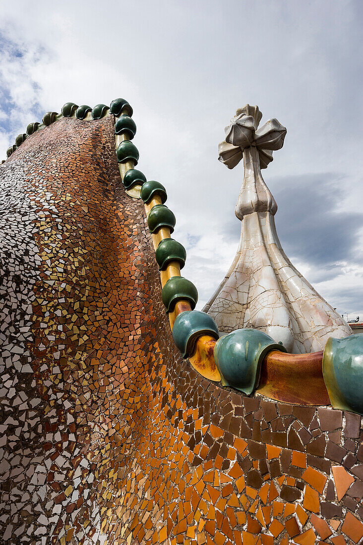 Roof and chimney of Casa Batllo,architect Antoni Gaudi,Passeig de Gracia,Barcelona,Spain