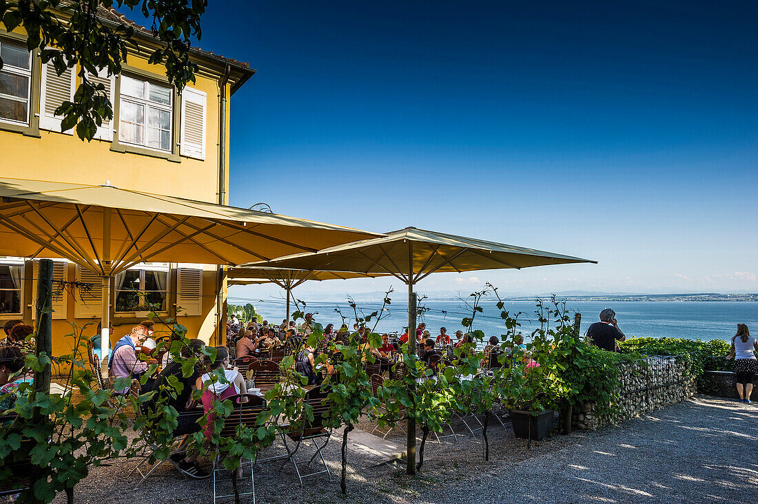 Restaurant und Bodenseepanorama, Meersburg, Bodensee, Baden-Württemberg, Deutschland