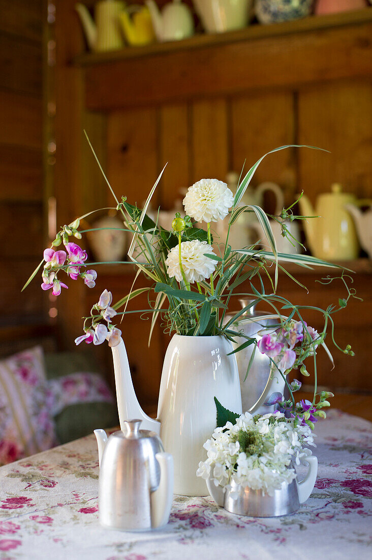 Still life with antique coffee pot and summer flowers, Freiamt, Emmendingen, Baden-Wuerttemberg, Germany