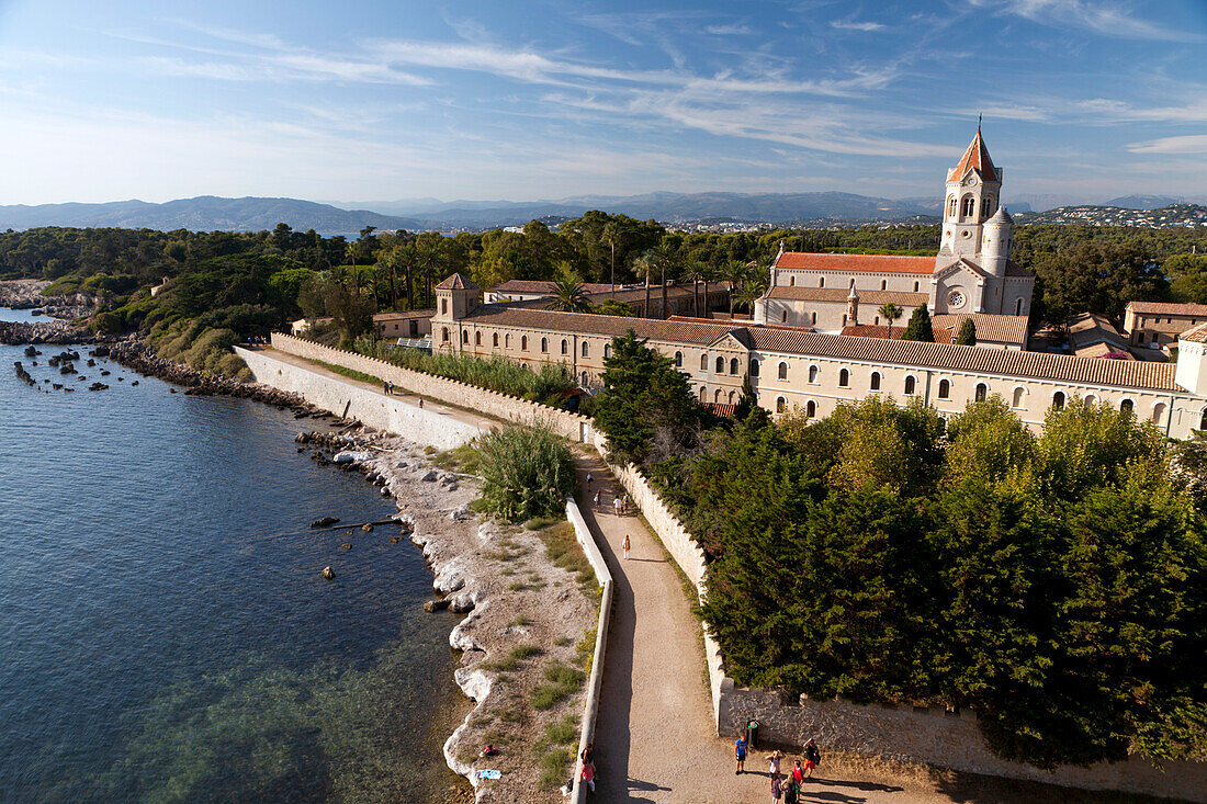 View of the Abbaye de Lerins from the fortified monastery on Ile Saint-Honorat, Cannes, Provence, France