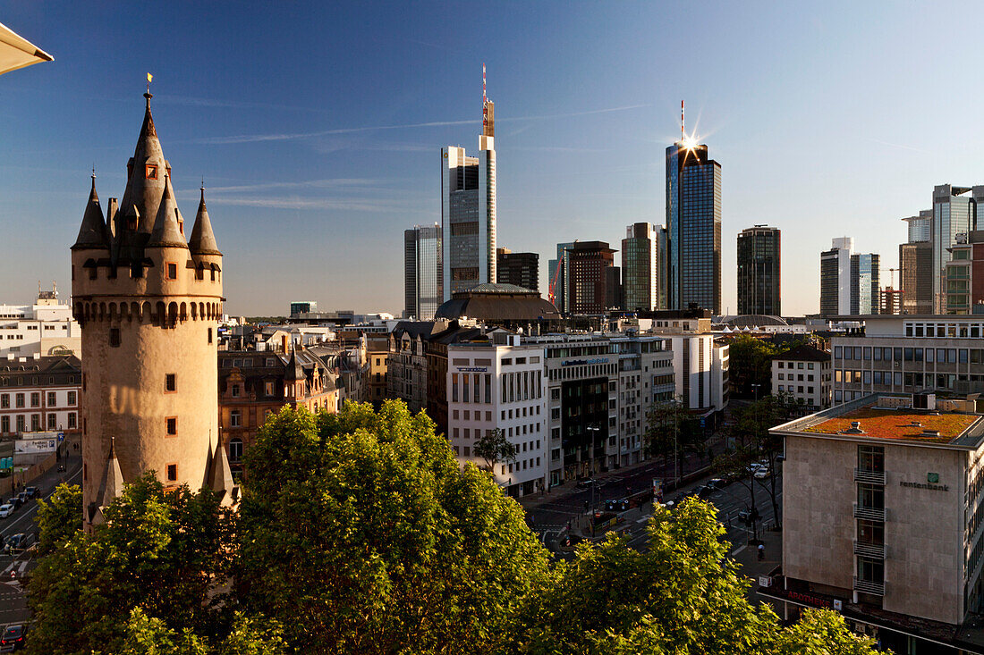 Frankfurt skyline with skyscrapers and the Eschenheimer Tower, Frankfurt, Hesse, Germany