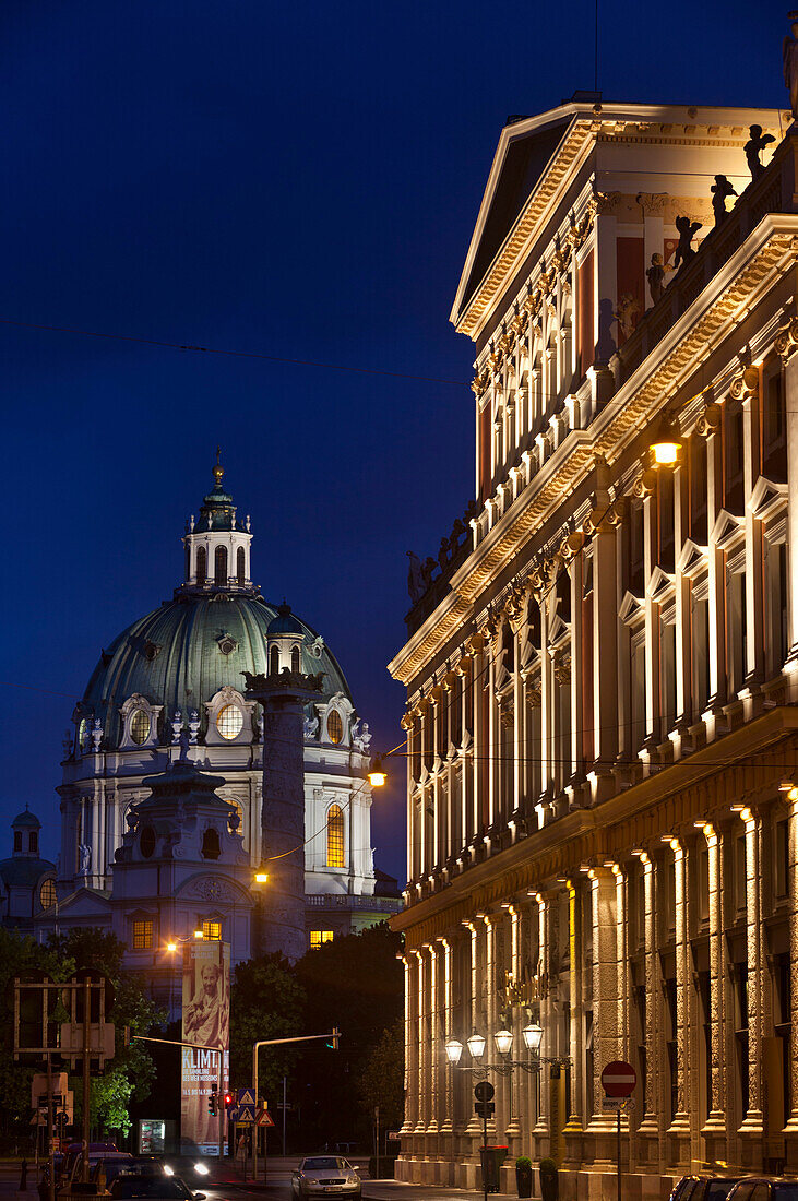 Blick auf die Karlskirche von der Canovagasse aus, Karlsplatz, Wien, Österreich