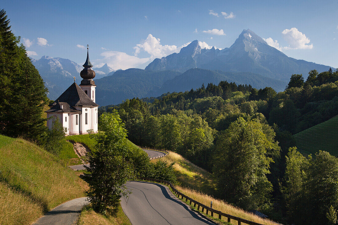 Maria Gern pilgrimage church, view to Watzmann, Berchtesgaden region, Berchtesgaden National Park, Upper Bavaria, Germany