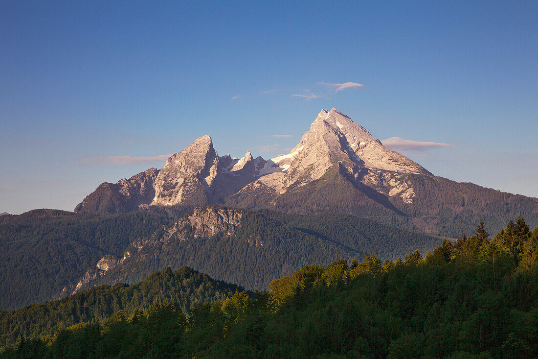 Blick zum Watzmann im Morgenlicht, Berchtesgadener Land, Nationalpark Berchtesgaden, Oberbayern, Bayern, Deutschland