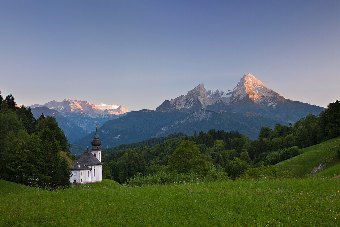 Maria Gern pilgrimage church, view to Watzmann in the evening mood, Berchtesgaden region, Berchtesgaden National Park, Upper Bavaria, Germany