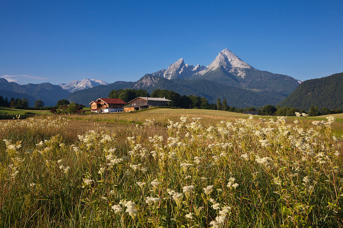 Bauernhöfe vor Watzmann und Hochkalter, Berchtesgadener Land, Nationalpark Berchtesgaden, Oberbayern, Bayern, Deutschland
