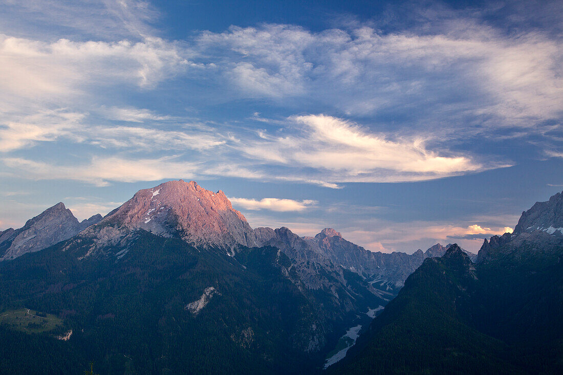 Blick auf Watzmann im Abendlicht, Berchtesgadener Land, Nationalpark Berchtesgaden, Oberbayern, Bayern, Deutschland