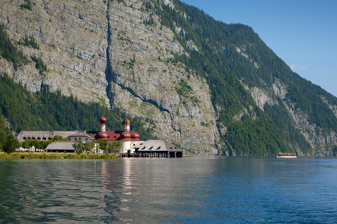 Baroque style pilgrimage church St Bartholomae, Koenigssee, Berchtesgaden region, Berchtesgaden National Park, Upper Bavaria, Germany