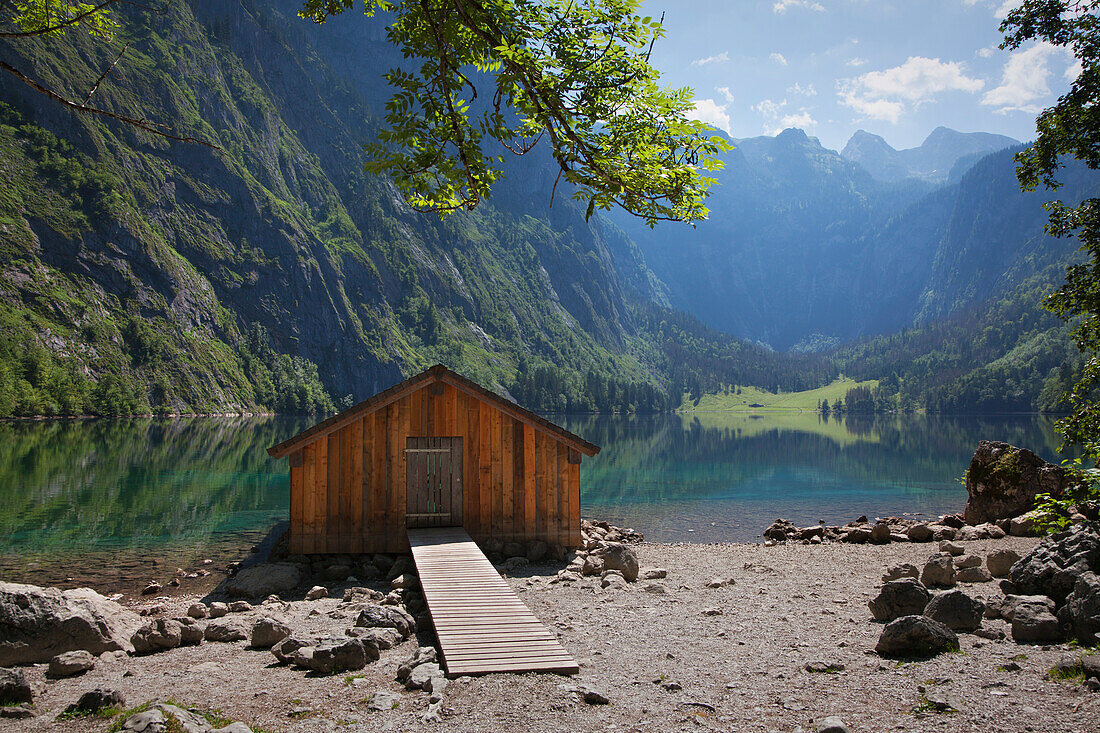 Boat house at Obersee, Koenigssee, Berchtesgaden region, Berchtesgaden National Park, Upper Bavaria, Germany