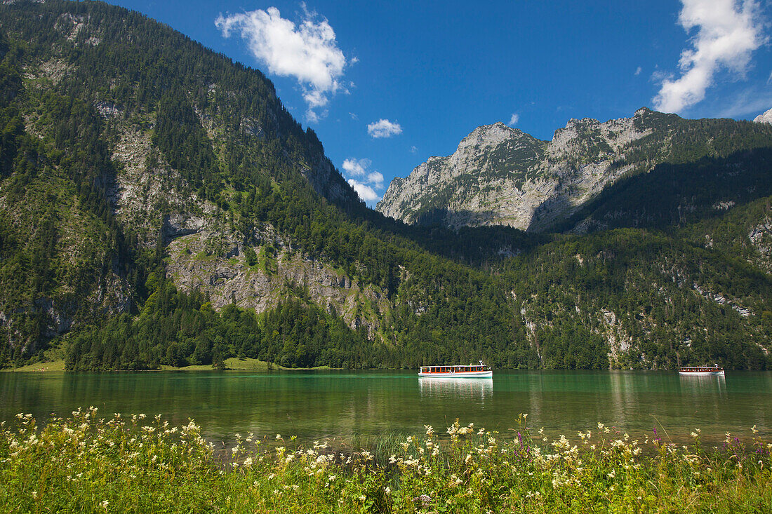 Ausflugsschiffe auf dem Königssee, Berchtesgadener Land, Nationalpark Berchtesgaden, Oberbayern, Bayern, Deutschland