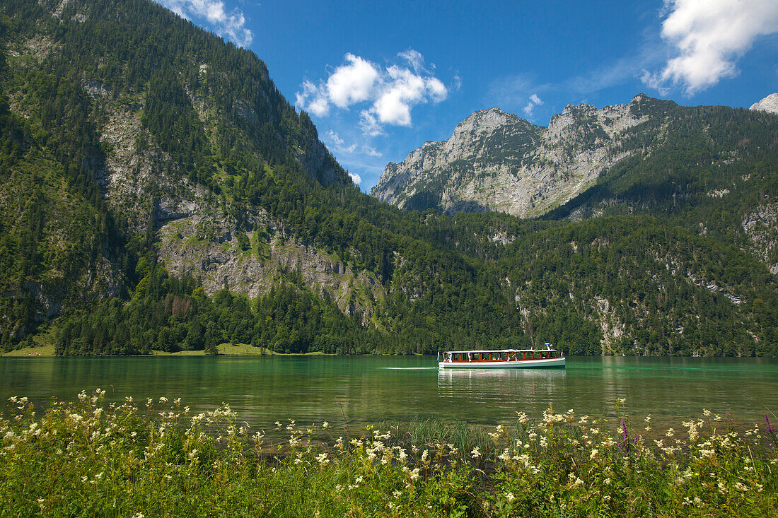 Excursion boat at Koenigssee, Berchtesgaden region, Berchtesgaden National Park, Upper Bavaria, Germany