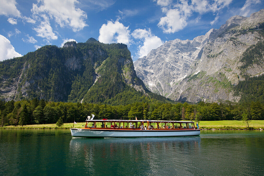Excursion boat at Koenigssee, Watzmann east wall in the background,  Berchtesgaden region, Berchtesgaden National Park, Upper Bavaria, Germany