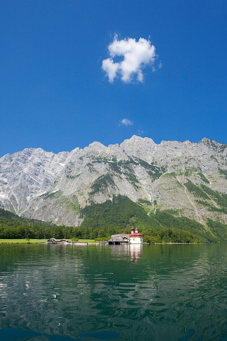 Baroque style pilgrimage church St Bartholomae, Watzmann east wall in the background, Koenigssee, Berchtesgaden region, Berchtesgaden National Park, Upper Bavaria, Germany