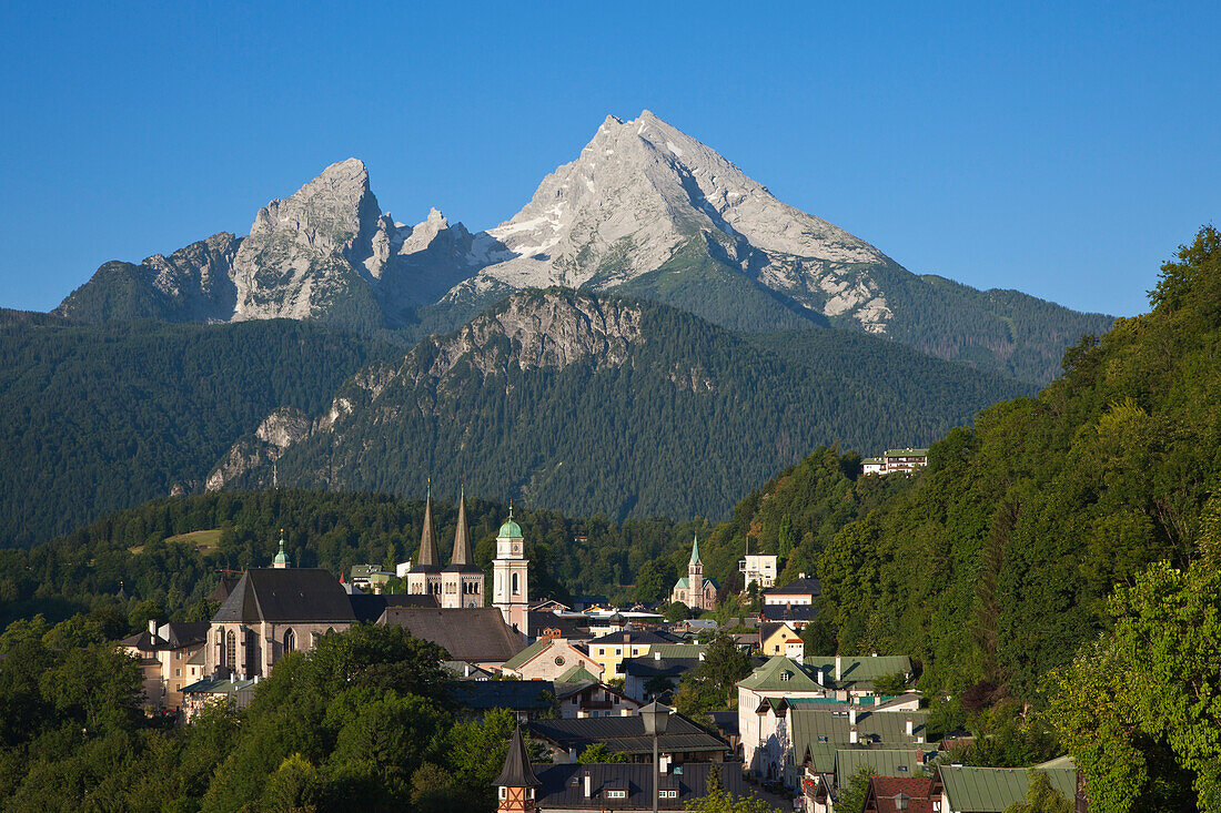 View over Berchtesgaden to Watzmann, Berchtesgaden region, Berchtesgaden National Park, Upper Bavaria, Germany